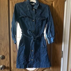 Dark Blue Denim Long-Sleeve Shirt Dress with Self-Tie Waist